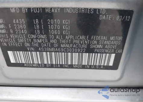 2012 Subaru Legacy 2.5I из США, поврежденный, VIN 4S3BMBA69C3030922